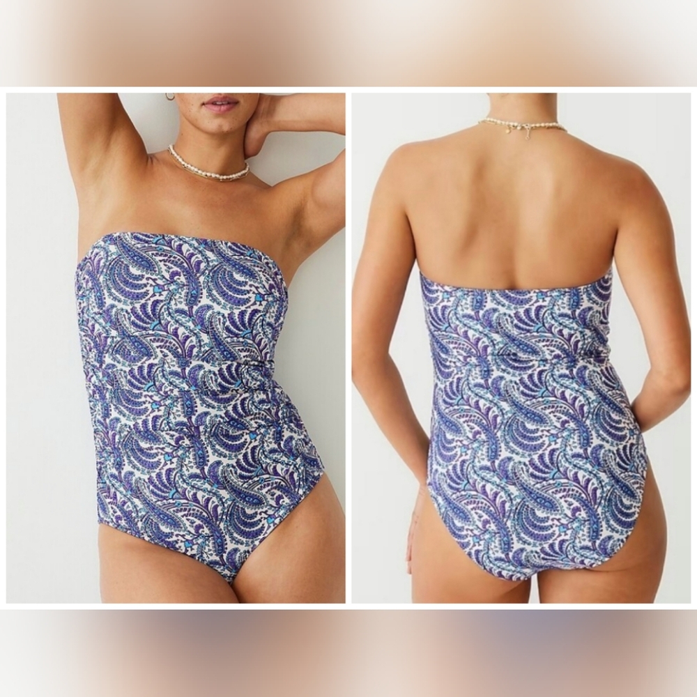 NWT J. Crew Ruched Bandeau One-piece Swimsuit in Purple Paisley